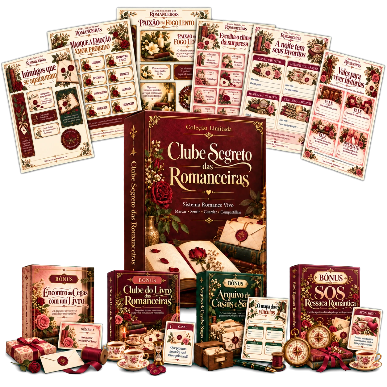 Clube Segreto das Romanceiras com o produto principal, quatro bônus e páginas reais da coleção